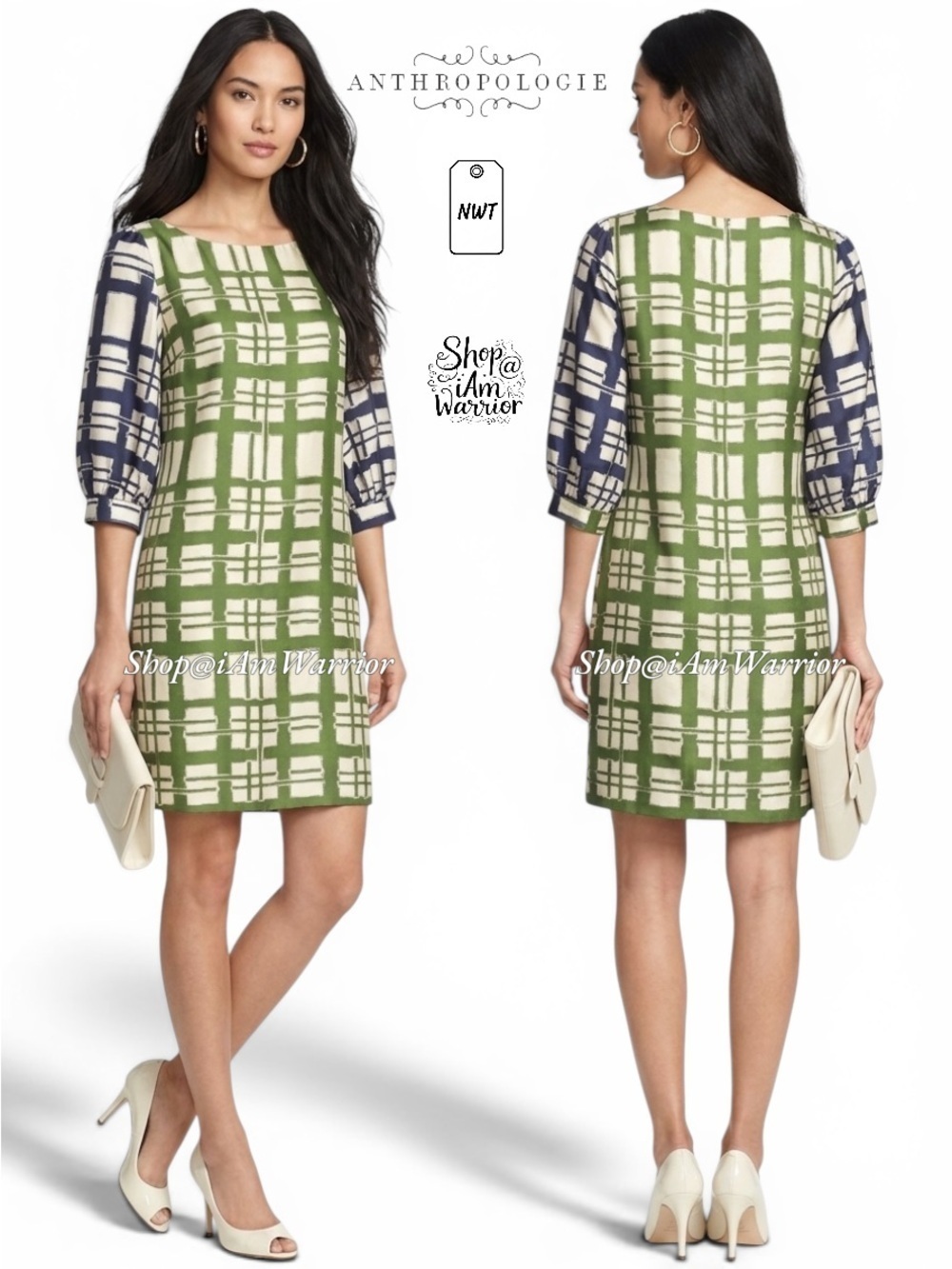 Anthropologie Maeve NWT silk windowpane elbow sleeve shift dress shop@iamwarrior